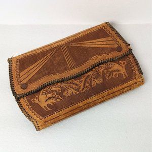 Vintage Mid Century Handtooled Leather Floral Clutch Tan